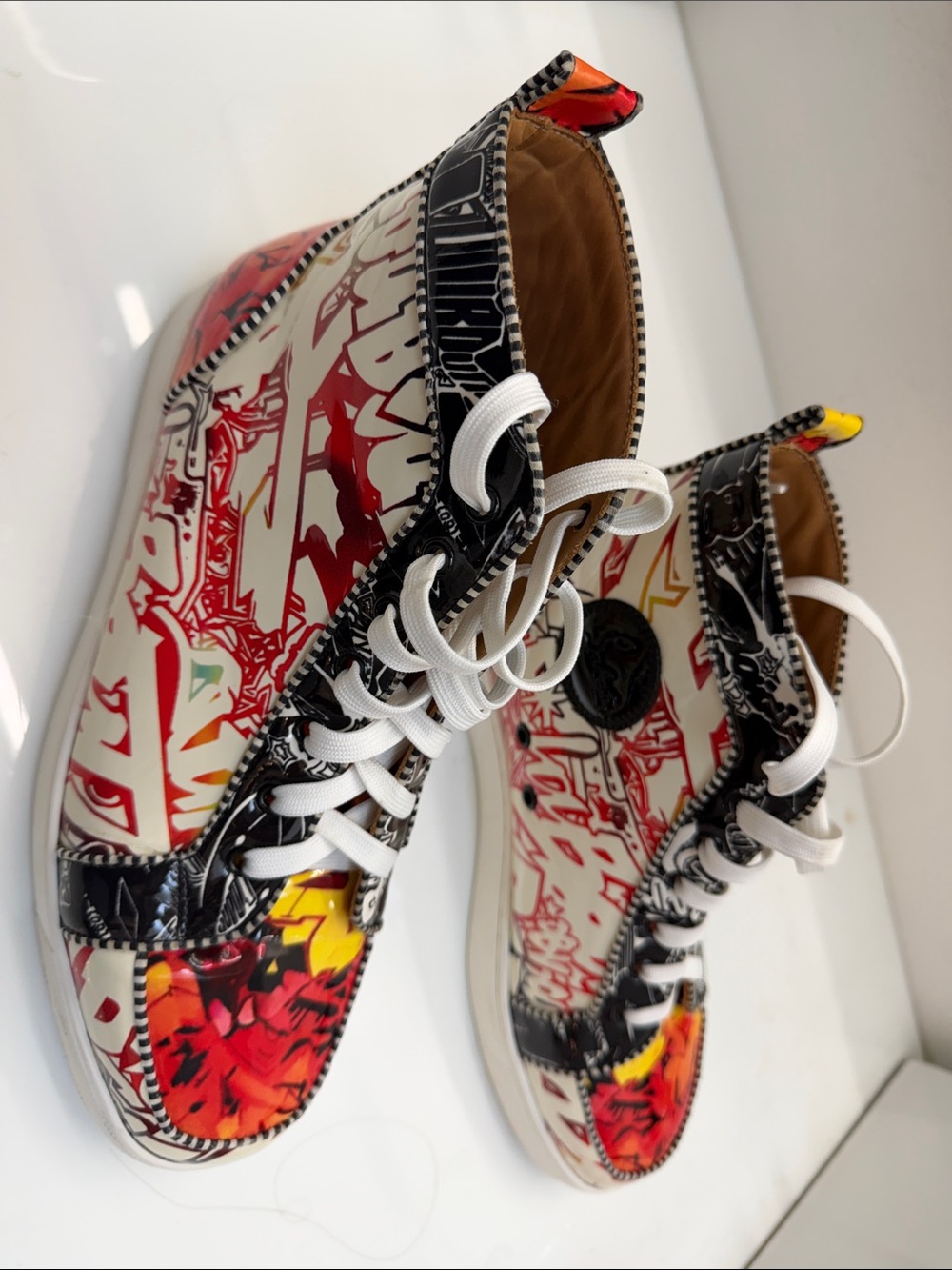 Christian Louboutin Graffiti High-Top Sneakers in Red, Yellow and Orange - Picture 6 of 9